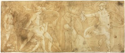 فرساوس مع رأس ميدوسا ، يحول فينوس وأتباعه إلى حجر بواسطة Polidoro da Caravaggio