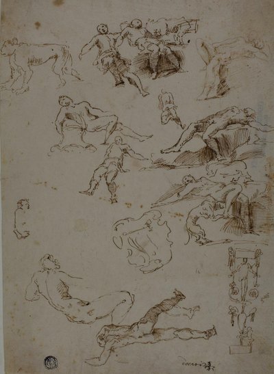 اسكتشات لذكر العراة والحيوانات وتفاصيل الزينة بواسطة Polidoro da Caravaggio