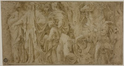 قصة نيوب: نيوب يتلقى هدايا من المصلين ؛ الشباب مع الحصان بواسطة Polidoro da Caravaggio