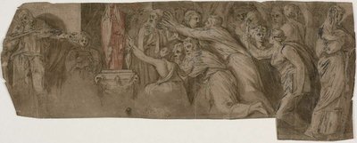قصة نيوب: الكهنة والمصلين أمام تمثال نيوب بواسطة Polidoro da Caravaggio