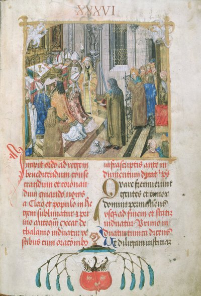 تتويج ملك بولندا يقدم شارة السلطة من البابا للأسقف إيراسموس سيوليك ، c.1510 (درجة حرارة وذهب على الرق) بواسطة المدرسة البولندية