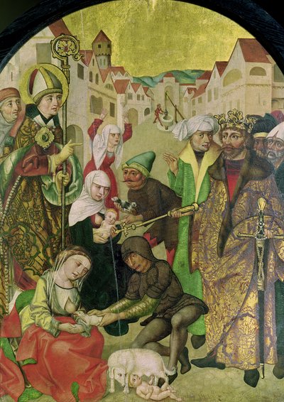 ستانيسلاس (1030-1079) يراقب عقاب الزوجات غير المؤمنين كما قادته لوحة الملك بولسلاس الثاني (1039-81) من مذبح القديس ستانيسلاس بواسطة المدرسة البولندية