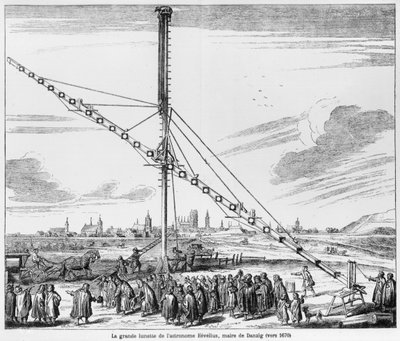 التلسكوب الفلكي الكبير ليوهانس هيفيليوس (1611-1687) التوضيح من Machina Coelestis بواسطة Hevelius ، Gdansk ، نشر 1670 بواسطة المدرسة البولندية