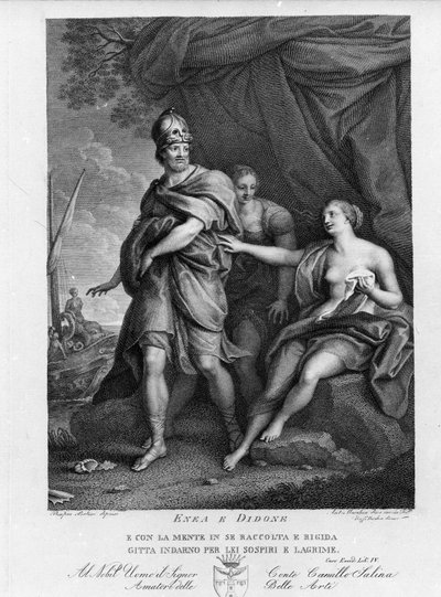 Eneide de Virgil (70 قبل الميلاد - 19 قبل الميلاد) ، الكتاب الرابع ، أبطال طروادة Enee يتخلى عن ديدون الذي يائس من الانتحار. نقش على لوحة رسمها بومبيو باتوني (1708-1787) بواسطة بومبيو جيرولامو (بعد) باتوني