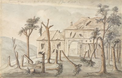 رسم Hougoumont بعد شهر واحد من عمل 18 يونيو 1815 ، يوليو 1815 (قلم رصاص ومرحاض على ورق) بواسطة بونسونبي