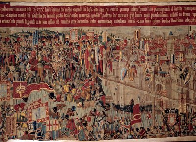 غزو أفريقيا: "" استيلاء الأسطول البرتغالي على أصيلة (أرزيلا) في المغرب عام 1471 "" "جزء من نسيج من المدرسة البرتغالية في القرن السادس عشر. لشبونة ، المتحف الوطني للفنون القديمة بواسطة المدرسة البرتغالية