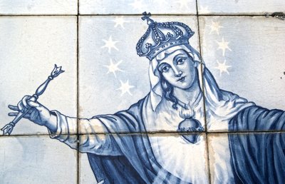 تفاصيل لمريم العذراء من لوحة زخرفية تظهر سحق الثعبان ، لاميجو ، البرتغال. 1738 (سيراميك) بواسطة المدرسة البرتغالية