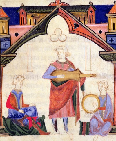 Fol.12v موسيقيون يعزفون على الغيتار والدفّور من Chansonnier des Nobles بواسطة المدرسة البرتغالية