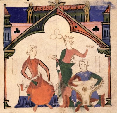 Fol.4r موسيقيون يعزفون صنجات وسفر ، من Chansonnier des Nobles بواسطة المدرسة البرتغالية