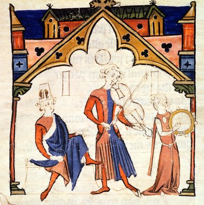 Fol.6r موسيقيون يعزفون على فيولا و الدف من فرقة Chansonnier des Nobles بواسطة المدرسة البرتغالية