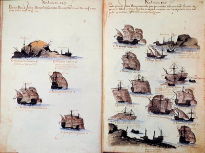 صفحة مخطوطة "" نصب تذكارية لأسطول البرتغال في عهد الملك مانويل الأول (1469-1521) "تمثل الأساطيل البرتغالية. 1523 ب. باريس بواسطة المدرسة البرتغالية