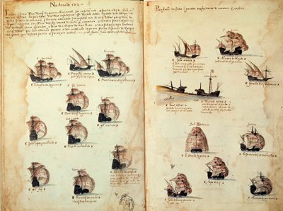 صفحة مخطوطة "" نصب تذكارية لأسطول البرتغال في عهد الملك مانويل الأول (1469-1521) "تمثل الأساطيل البرتغالية. 1533 ب. باريس بواسطة المدرسة البرتغالية