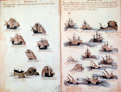 Manuscript page “” Memorials of the armadas of Portugal under King Manuel I (1469-1521)”” representing the Portuguese fleets. 1523 B.N. Paris بواسطة المدرسة البرتغالية