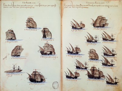 صفحة مخطوطة "" نصب تذكارية لأسطول البرتغال في عهد الملك مانويل الأول (1469-1521) "تمثل الأساطيل البرتغالية بواسطة المدرسة البرتغالية
