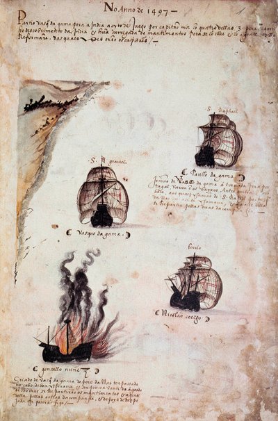 صفحة مخطوطة "" نصب تذكارية لأسطول البرتغال في عهد الملك مانويل الأول (1469-1521) "تمثل الأساطيل البرتغالية لعام 1497. 1523 BN Paris بواسطة المدرسة البرتغالية