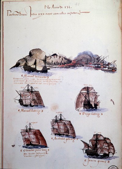 صفحة مخطوطة "" ذكريات أسطول البرتغال في عهد الملك مانويل الأول (1469-1521) "تمثل الأساطيل البرتغالية لعام 1497. 1500 لشبونة ، المتحف الوطني للفنون القديمة بواسطة المدرسة البرتغالية