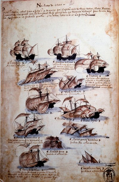صفحة مخطوطة "" ذكريات أسطول البرتغال في عهد الملك مانويل الأول (1469-1521) "تمثل الأساطيل البرتغالية لعام 1497. 1500 لشبونة ، المتحف الوطني للفنون القديمة بواسطة المدرسة البرتغالية
