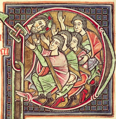السيدة 3088 fol.137r أولية P التاريخية التي تصور موت يشوع من الكتاب المقدس ، القرنين الثاني عشر والثالث عشر بواسطة المدرسة البرتغالية