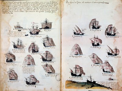 سفن حربية. ذكريات أسطول البرتغال في عهد الملك مانويل الأول (1469 - 1521). مخطوطة من 1505. باريس. BN بواسطة المدرسة البرتغالية