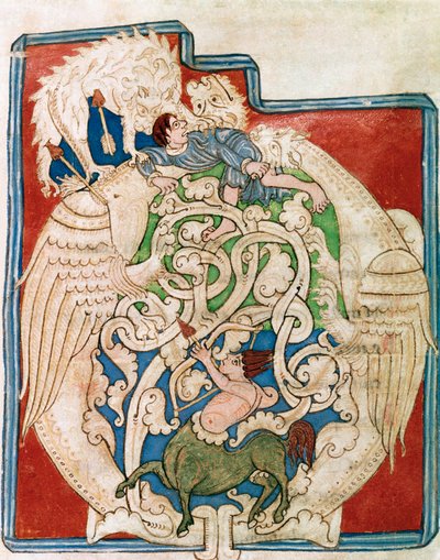 التفاف O مع تمثيل قنطور الصيد. صورة مصغرة مأخوذة من "العهد القديم" (Testamentum vetus) من Sancta Cruz de Coimbra. القرن الثاني عشر. بورتو ، مكتبة البلدية بواسطة المدرسة البرتغالية