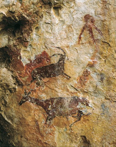 مشهد صيد مع الغزلان والوعل (25000-15000 قبل الميلاد). العلوي من العصر الحجري القديم. El Perello ، كهف La Cabra Freixet. بواسطة عصور ما قبل التاريخ