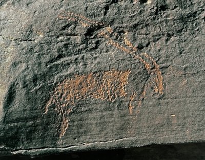 عصور ما قبل التاريخ ، الفن الصخري: صخرة قبر لتمثيل الظباء. العصر الحجري 5000-2000 ق. تاغيت ، هضبة الحقار العليا ، الجزائر بواسطة عصور ما قبل التاريخ