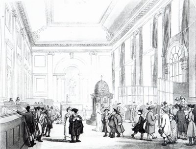 بنك إنجلترا ، القاعة الكبرى ، من "صورة مصغرة لأكرمان في لندن" ، 1809 (أكواتينت) بواسطة بوجين ورولاندسون