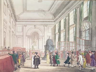 بنك إنجلترا ، القاعة الكبرى ، من "صورة مصغرة لأكرمان في لندن" ، 1809 (أكواتينت) بواسطة بوجين ورولاندسون