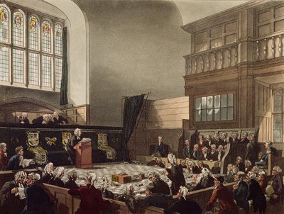 محكمة الخزانة ، قاعة وستمنستر ، من "صورة لندن الصغيرة" ، نقشها جي سي ستادلر (fl.1780-1812) ، حانة. بقلم R. Ackermann (1764-1834) 1808 (ألوان مائية) بواسطة بوجين ورولاندسون