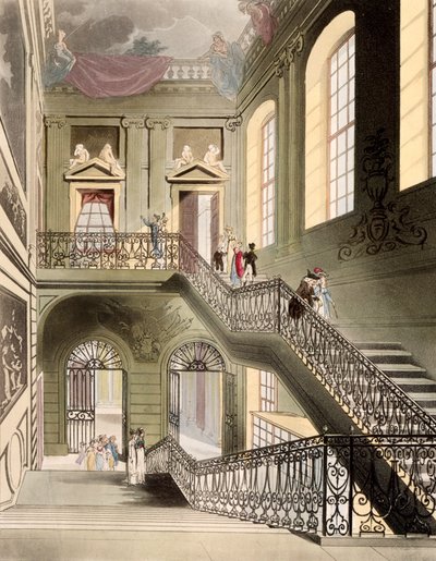 Hall and Staircase في المتحف البريطاني ، من "صورة مصغرة من لندن" نشرها R. Ackermann 1808 بواسطة بوجين ورولاندسون