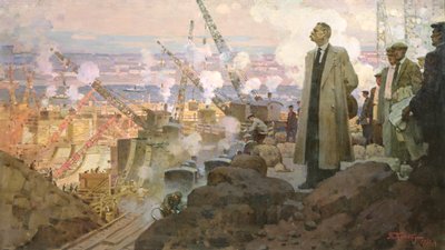 مكسيم غوركي (1868-1936) في بناء محطة الطاقة الكهرومائية "دنيبروجيس بواسطة بيوتر إيفانوفيتش كوتوف