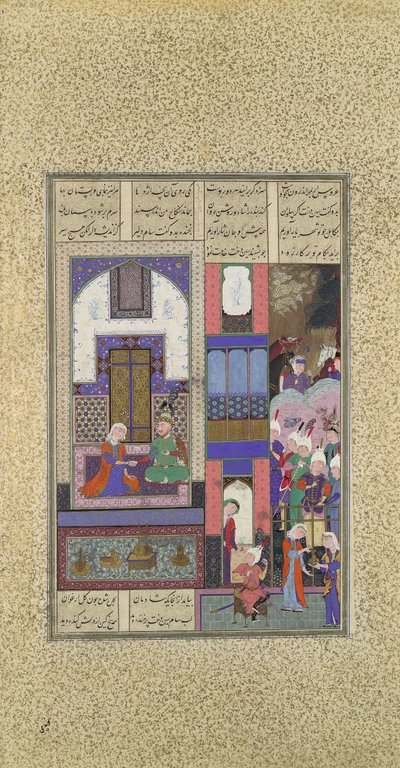 سام يختم اتفاقه مع Sindukht ، ورقة 85v من Shahnama Book of Kings ... ، ca. 1525-3 بواسطة عبد الوهاب