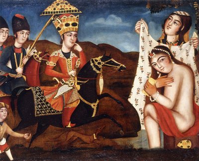 خسرو اكتشاف حمام شيرين ، ج. 1840 بواسطة مدرسة قاجار