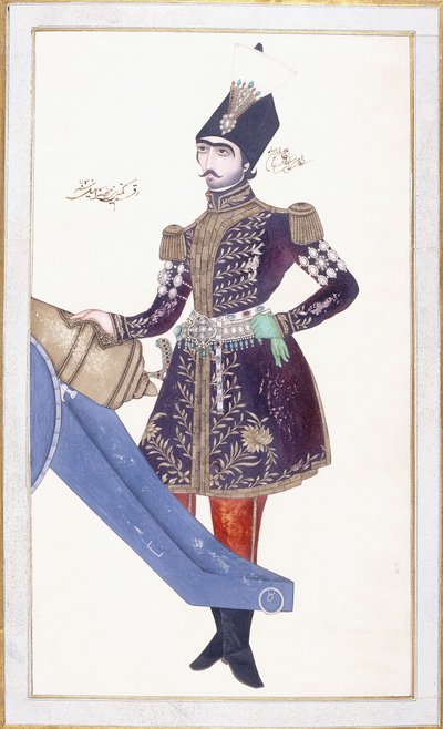 صورة لناصر الدين شاه ، يده مستندة على مدفع ، ج. 1853-4 بواسطة مدرسة قاجار