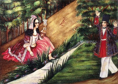 الشباب يأتي على فتاة من تيار ، c.1863-4 بواسطة مدرسة قاجار