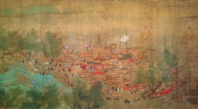 جولة الإمبراطور كانغ شي في كيانغ هان في عام 1699 ، بعد تشايو بينغ تشين (1661-1722) (حبر ولون على ورق مدعوم بالحرير) بواسطة اسرة تشينغ الصينية