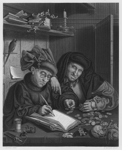 The Misers, from the picture in the Royal Collection (engraving) بواسطة كوينتين (بعد) ماسيس أو ميتسيس