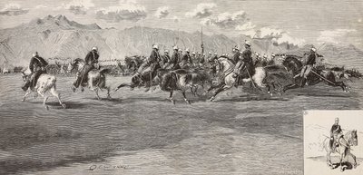 Cavalry exercises on 17 September, with lancer on right, Pordenone, Italy, engraving by Cantagalli from drawing by Quinto Cenni, from L