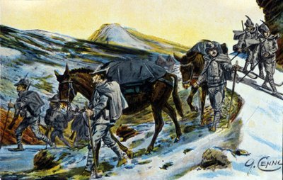 الحرب العالمية الأولى: مجموعة من صيادي جبال الألب الإيطاليين اعترافًا ببغالهم في عام 1915. رسم بواسطة كوينتو سيني (1845-1917) بواسطة كوينتو سيني