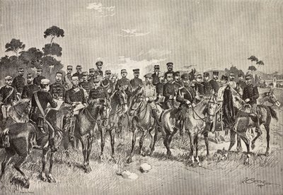 Foreign armies officers visiting Italian soldiers in Lombardy, Italy, engraving from a drawing by Quinto Cenni, from L