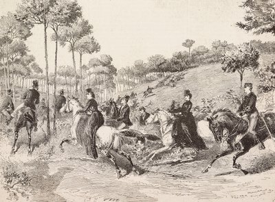 Hunting trip by the Milanese hunt, Italy, engraving from drawing by Quinto Cenni, from L