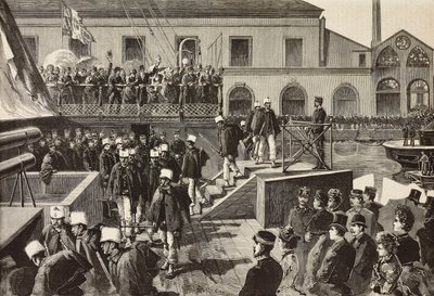 Italian soldiers boarding ship Washington, Naples, Italy, third Italian expedition in Red Sea, engraving from drawing by Quinto Cenni and sketch by M Del Don, from L