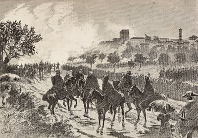 Italian soldiers on horseback moving from Copreno to Cermenate, Italy, engraving from a drawing by Quinto Cenni, from L