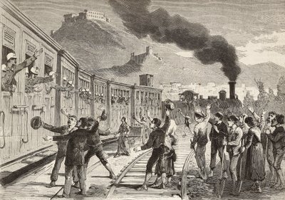 Men and women saying goodbye to Italian soldiers leaving from Cassino railway station, Italy, engraving from drawing by Quinto Cenni and sketch by M Dal Don, from L
