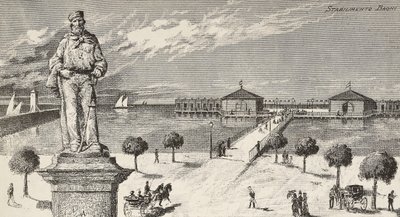 نصب تذكاري لذكرى جوزيبي غاريبالدي (1807-1882) ، سياسي إيطالي ووطني ، ومؤسسة للاستحمام في الخلفية ، سيسيناتيكو ، إيطاليا بواسطة كوينتو سيني