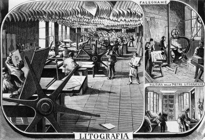 Offices of Treves brothers, lithograph department, Milan, Italy, illustration by Quinto Cenni (1845-1917) from L