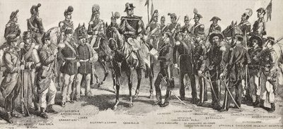 Piedmontese army in 1859: infantrymen, artillerymen, engineers, grenadiers, officers, generals, spearmen, cavalrymen, rifleman, engraving from drawing by Quinto Cenni, from L
