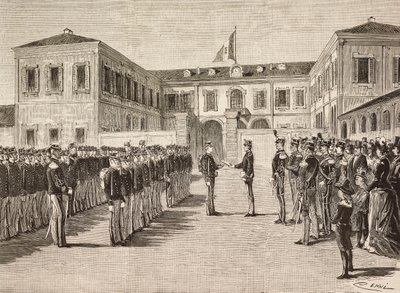 Prince Vittorio Emanuele (1870-1946), Count of Turin, gives degrees to cadets of military academy of Milano, Italy, March 14 بواسطة كوينتو سيني