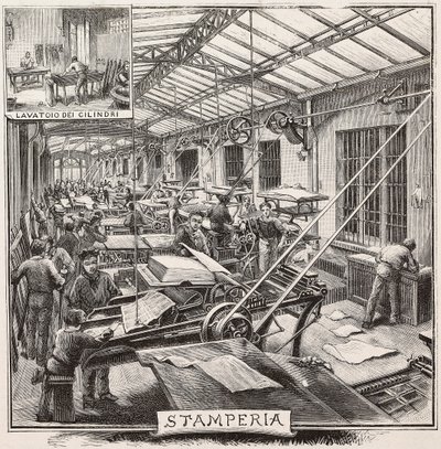 Printing house in Fratelli Treves publishing house, Milan, Italy, engraving from drawing by Quinto Cenni, from L