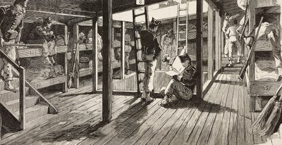 Soldiers below deck in dormitory, ship Principe Amedeo, Italian expedition in Red Sea, Italy, engraving from drawing by Quinto Cenni and sketch by M Dal Don, from L